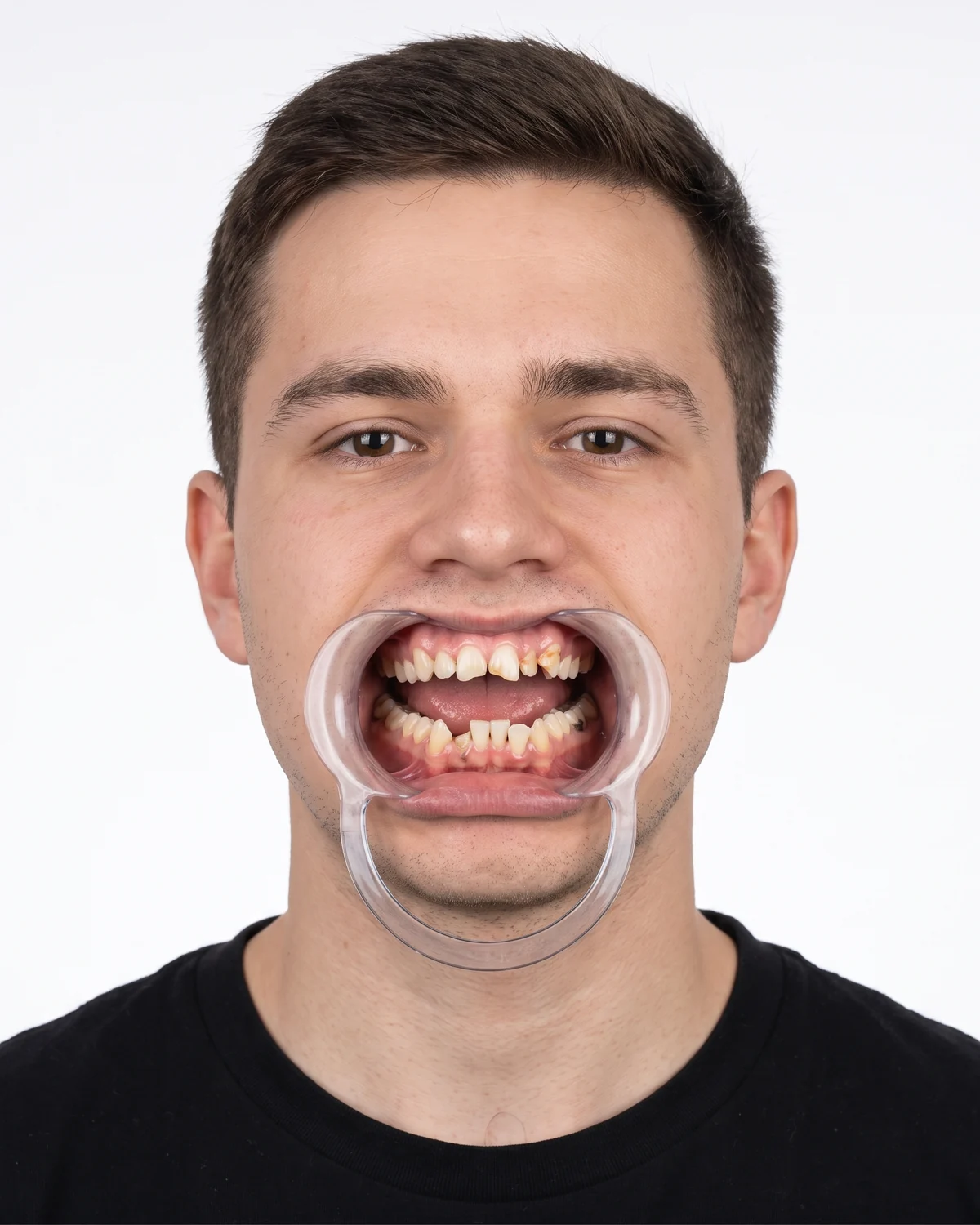 Patient's teeth before treatment — crowded, worn and discoloured